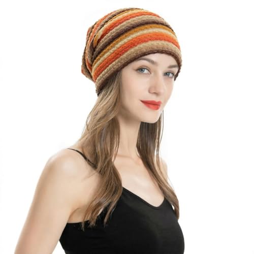 ZLYC Women's Striped Orange Knit Slouchy Beanie Hat - One Size Thin Skull Cap