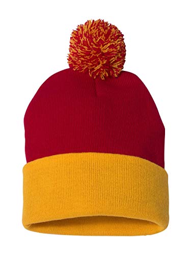 Pom-Pom Knit Beanie with 3-Inch Cuff - Red/Gold