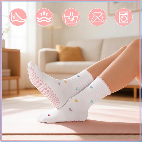 Women's Ruffle Pilates Grip Socks - Non-Slip Yoga Crew Socks - Pink/Blue