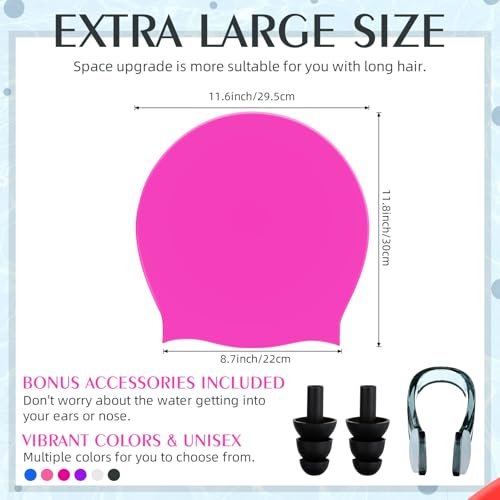 Extra Large Swim Cap for Braids with Ear Plugs & Nose Clip - Rose Red