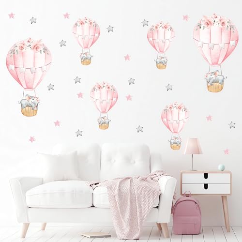6 Pink Hot Air Balloons Sleeping Baby Elephants Stars Wall Stickers, sacinora Cute Art Wall Decals Removable Vinyl Peel and Stick for Kids Baby Girl Nursery Bedroom Toddler Room Decorations