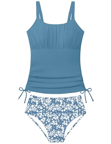 Girls Color Block Tankini Swimsuit with Adjustable Straps - Slate Blue, 15-16 Years