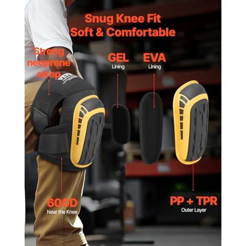 VEVOR Knee Pads for Work, Extended Heavy Duty Construction Knee Pads with 2 Extension Straps, Foam Gel Cushion, Anti-slip for Gardening Flooring Roofing and Cleaning, Men & Women, Yellow and Black