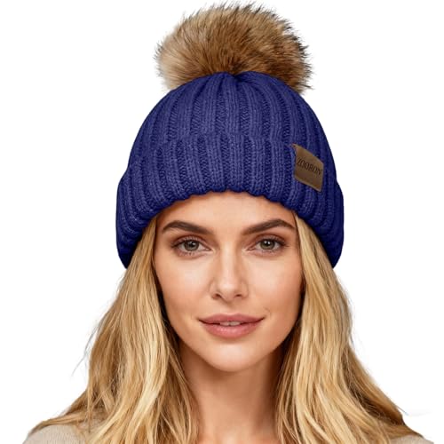 Women's Winter Knitted Beanie Hat with Faux Fur Pom - Navy Blue
