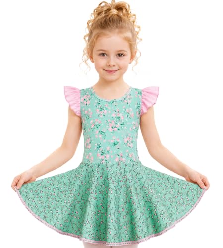 Girls Ballet Leotard Dress with Ruffled Sleeve - Green Flower (4-5T)