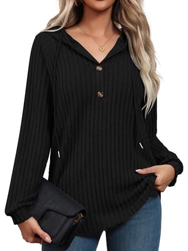Women's V Neck Drawstring Hoodie - Loose Fit Pullover Sweatshirt