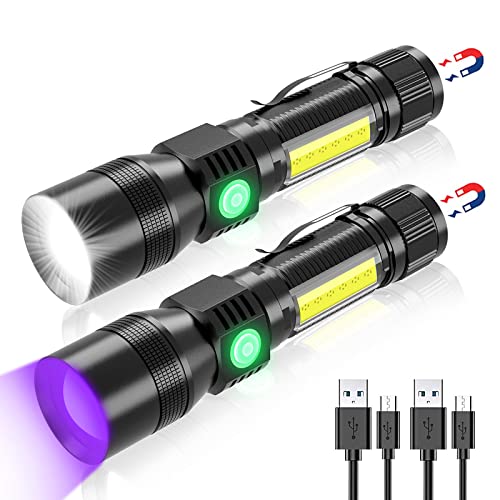 Rechargeable Flashlights, 3 in 1 Super Bright Black Light Flashlights 1200 Lumens, 7 Modes, Zoomable, IPX6 Waterproof Flash Light Recharchable for Camping, Emergency, Pet Clothing Detection 2 Pack