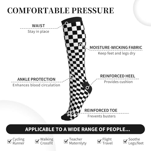 Mshutbna Compression Socks Knee High for Women & Men, Athletic Circulation Support, One Size (Black/White Plaid)