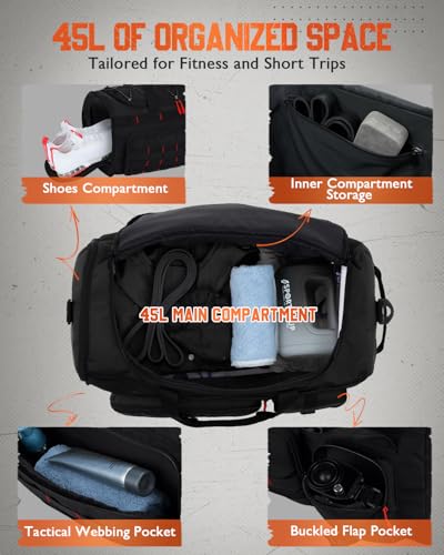 Gonex 45L 3-in-1 Duffel Bag for Gym & Travel - Black with Red Accents