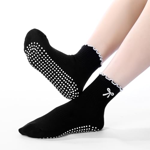 Non-Slip Grip Socks for Women - Pilates & Yoga - Bow / Black