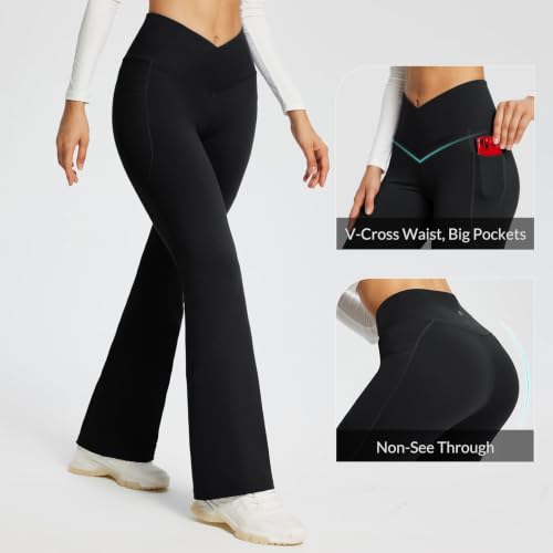 Baleaf Women's V Crossover Flare Leggings with Pockets, 29" Inseam, Medium Black, High Waist Yoga Pants