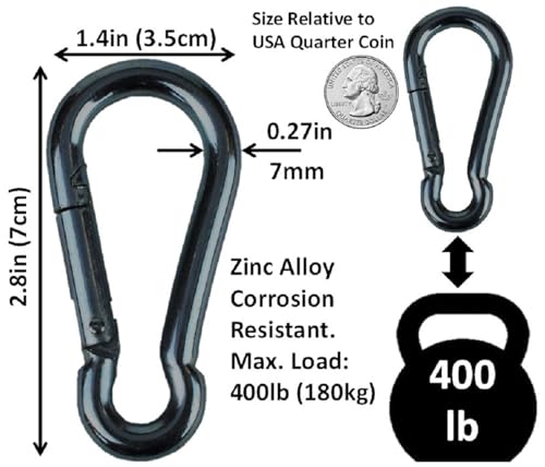 Heavy Duty Black Carabiner Snap Hooks - 7cm (2.8in) 2 Pack