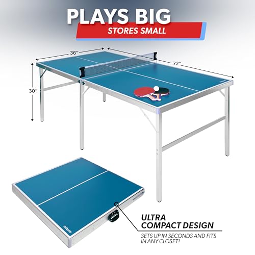 Mid-Size Table Tennis Set - Indoor/Outdoor with Net, 2 Paddles & 4 Balls - Blue
