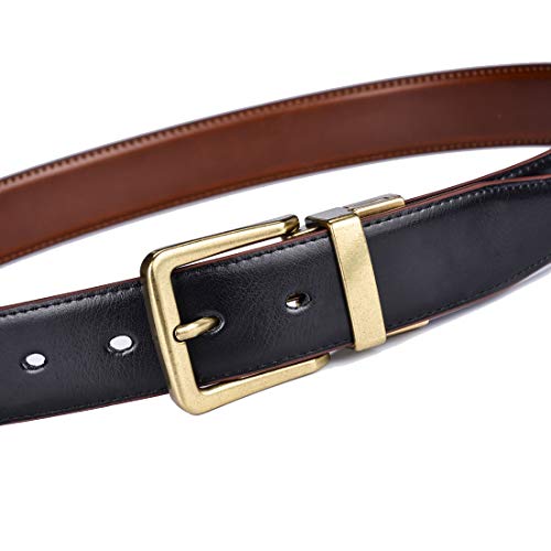 Reversible Leather Belt with Antique Gold Buckle - Black/Lt Brown 32-34