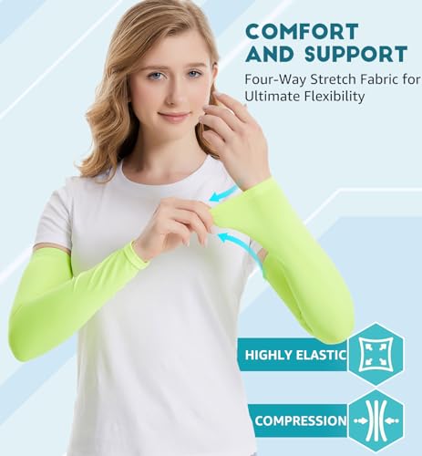 Arm Compression Sleeves - X-Large (1 Pair) Fluorescent Green, UV Protection & Support