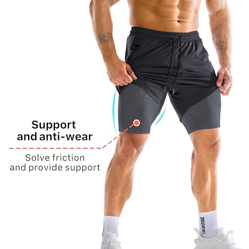BROKIG Men's 2-in-1 Quick Dry Gym Running Shorts with Liner - Medium, Black & Dark Grey