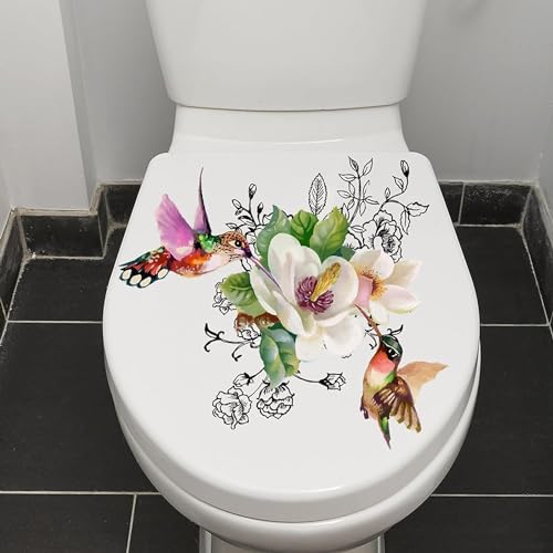 Birds Flowers Butterfly Toilet-Floral Birds Butterfly Toilet Seat Decals-DIY Removable Waterproof Toilet Sticker-Seat Lid Stickers Self-Adhesive Bathroom Wall Sticker for Cistern Decor 11.8x11.8in