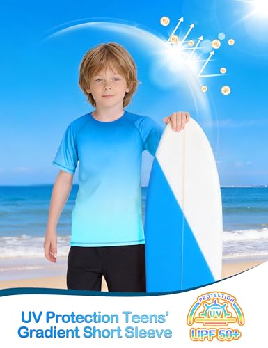 Boys' Rash Guard Swim Shirt, UPF 50+, 8-10 Years - Blue-Green Gradient