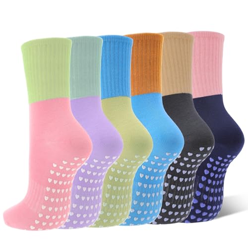 5-Pack Cotton Pilates Socks for Women with Grips - Color Blocking
