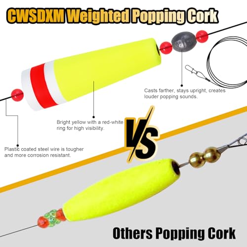 CWSDXM 5-Inch Yellow-Red Popping Cork Float Rigs for Saltwater & Freshwater Fishing - 4 Pack