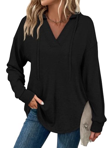 Sampeel Women's Oversized Black V-Neck Hoodie XL Fall Fashion Sweatshirt