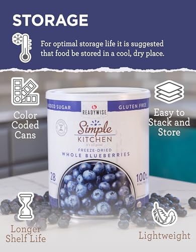 ReadyWise Freeze Dried Blueberries - Whole Blueberries 28 Servings for Camping & Snacks