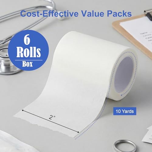Medical Tape - Latex-Free Paper Surgical Tape, 2" x 10 Yards - 6 Rolls, White
