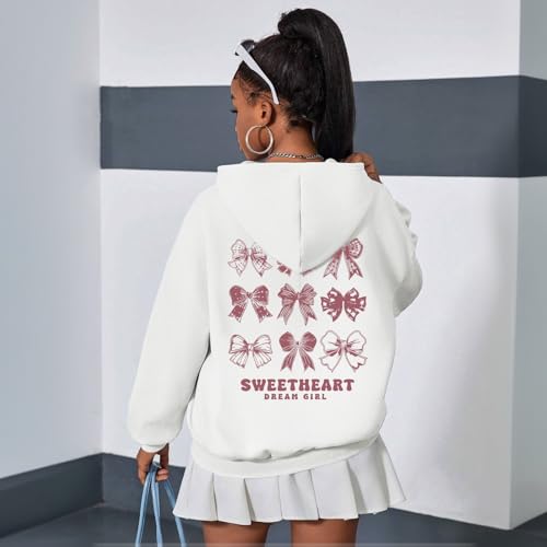 Cute Pink Bow Hoodie for Girls - Aesthetic Pullover - White, 3-4T