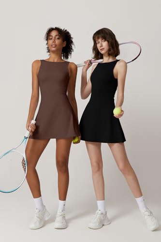 QINSEN Women's Open Back Tennis Dress Small Black Sleeveless Athletic Golf Dress with Pockets