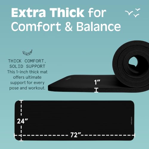 Extra Thick Non-Slip Yoga Mat with Strap - Black, 1 Inch