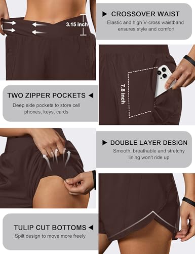Blooming Jelly Women’s High-Waisted Crossover Running Shorts with Pockets (Large, Brown)
