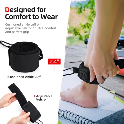 10 ft Coiled SUP Leash - Durable Anti-Slip Paddle Board Strap - Black Lite
