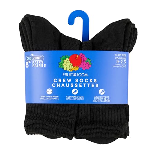 Fruit of the Loom Boys Large Crew Coolzone Socks 8-Pack Black & Multi-Color