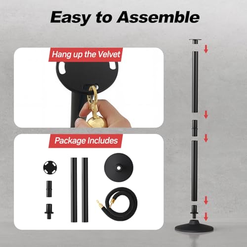 BATTIFE Plastic Stanchion Posts with Black Velvet Ropes and Weighted Rubber-Plastic Base, Crowd Control and Queue Management Barrier Poles for Party, Event, Red Carpet (2 Pack)