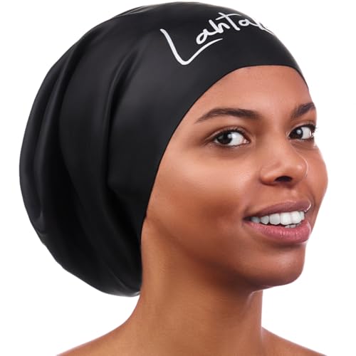 Lahtak Large XL Swim Cap for Long Hair – Women & Men with Braids & Dreadlocks (Black)