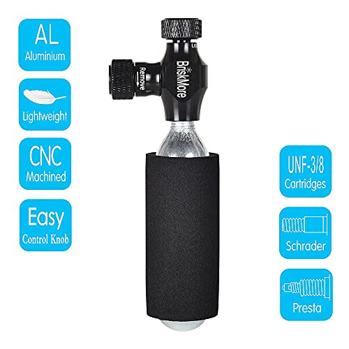 BriskMore CO2 Inflator Kit with 5 x 16g Cartridges for Bike Tires, Presta & Schrader Compatible