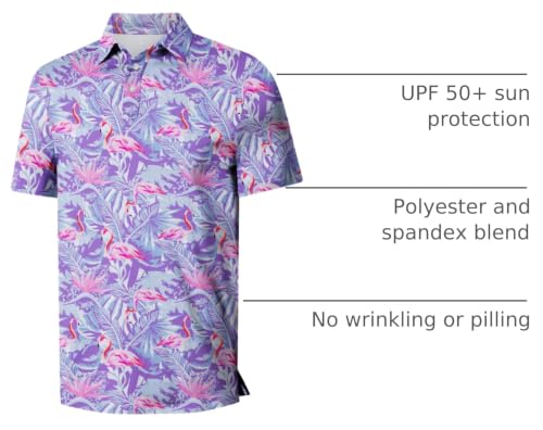 Funny Print Golf Polo Shirt for Men - Purple Flamingos, Medium