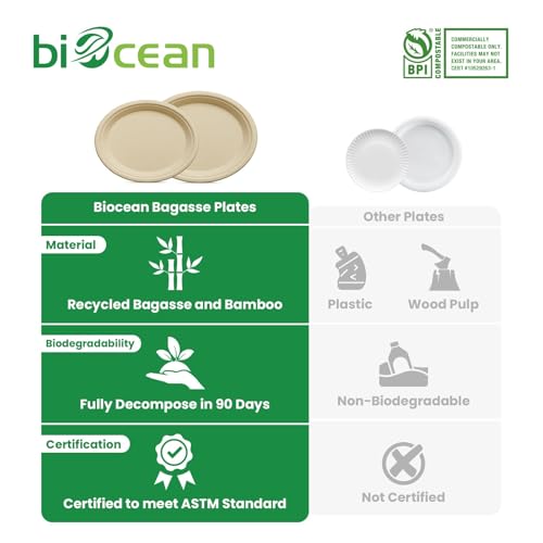 Biocean 12.5 Inch Compostable Oval Plates 125-Pack Natural Sugarcane Bagasse Eco-Friendly