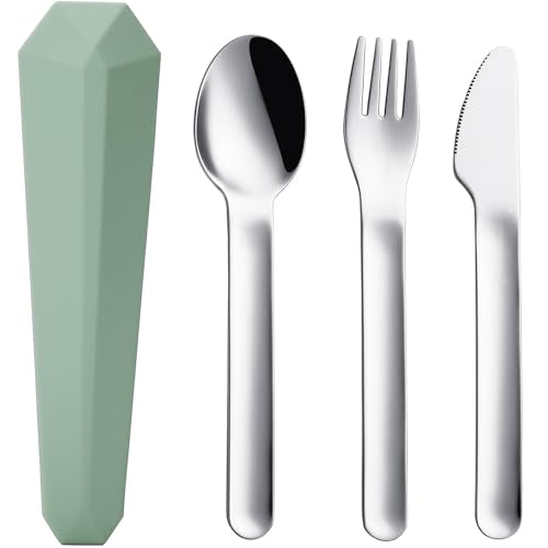 Portable Lunch Utensils Set - 4 Pcs Silverware with Case, Green