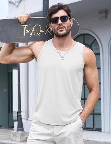 Cotrasen Men's White Ribbed Tank Top Large Fitness Sleeveless Gym T-Shirt