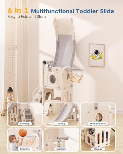 6-in-1 Toddler Slide Playset with Basketball Hoop & Telescope - White & Gray