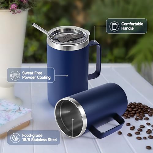 Volhoply 22oz Insulated Stainless Steel Travel Coffee Mug with Handle - Navy, Leakproof Lid, Reusable Tumbler for Hot & Cold Drinks, Bulk 2 Pack