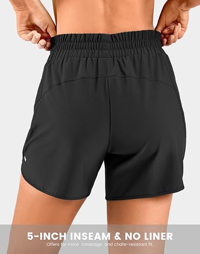 Soothfeel Women's 5 Inch Running Shorts with Zipper Pockets - Large Black
