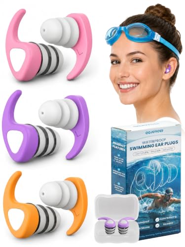 Swimming Ear Plugs - 3 Pairs Waterproof Silicone for Adults & Teens - Pink, Purple, Orange