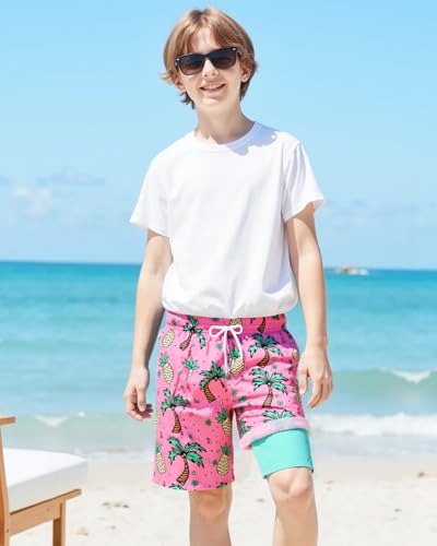 Boys Swim Trunks with Compression Liner - UPF 50+, Quick Dry, 10 Years / Pink Pineapple