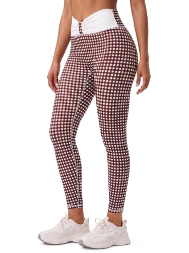 Aoysky Women's Plaid Ruched High Waist Yoga Leggings Large Brown No Front Seam