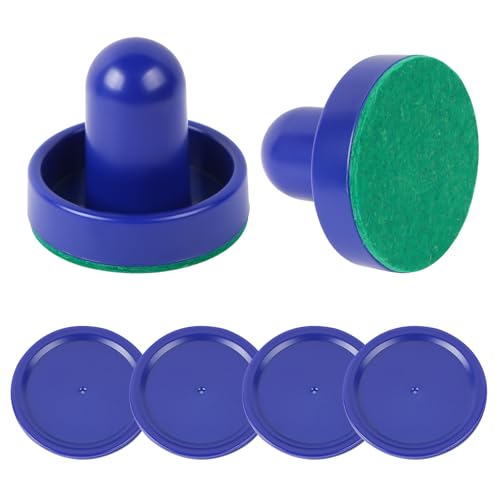 Air Hockey Pushers and Pucks Set - 2 Handles & 4 Blue Pucks