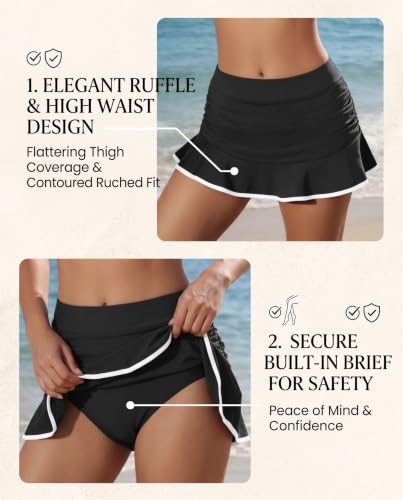 Aqua Eve Two-Piece Tankini Swimsuit with Skirts - Tummy Control, Ruched Twist Front, Large Black & White