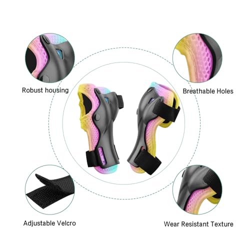 Kids Protective Gear Set - Knee & Elbow Pads with Wrist Guards - Pink/Blue/Yellow, Size S (3-8 Years)