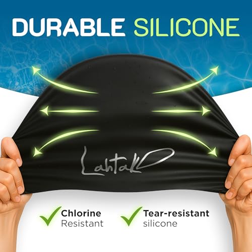 Lahtak Large XL Swim Cap for Long Hair – Women & Men with Braids & Dreadlocks (Black)